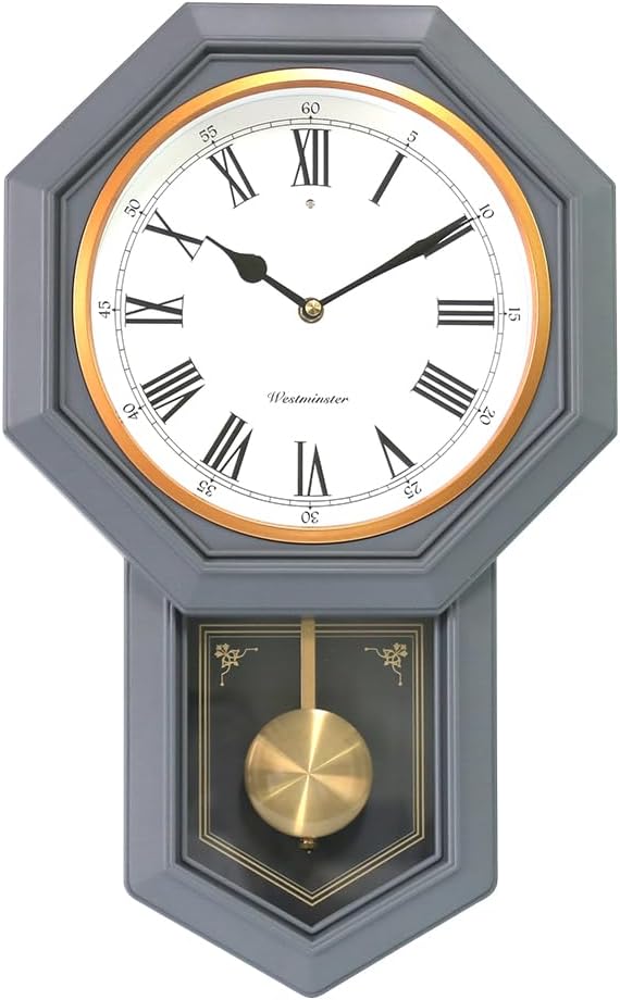 BESTIME 66236C Plastic Pendulum Clock. Sturdy Gray Frame. Westminster Chime Every Hour,Elegant,Traditional Schoolhouse,Home,Office,Living Room,Bedroom.
