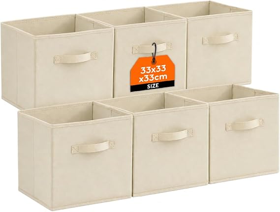 Lifewit Foldable Storage Bins, Fabric Storage Baskets, Storage Boxes with Handles, Organizers for Clothes, Toys, 33 x 33 x 33 cm, 36 L, Set of 6, Beige