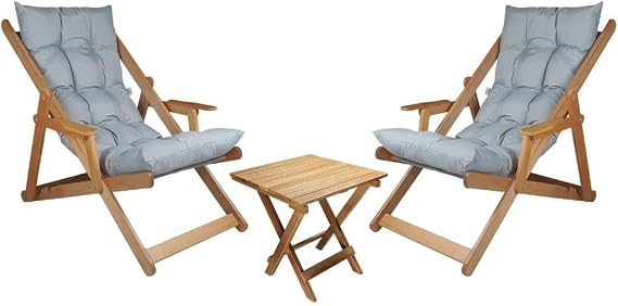 Bysay AhŞap Katlanabİlİr TaŞinir Puf Mİnderlİ Kollu Şezlong. Plaj, BahÇe, Teras, Balkon İÇİn 3 LÜ Set (grİ)