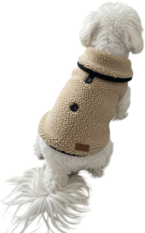 Kışlık Peluş Köpek Yelek, Sıcak Tutan Düğmeli Yumuşak Polar Küçük Irk Köpek Kıyafeti, Bej (Açık Kahve, Large)