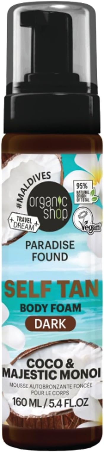 Organic Shop Paradise Found セルフタン ボディフォーム ダーク セルフタンニングムース オーガニックココナッツ&マジェスティックモノイ付き ディープサンレスタン用 保湿ボディタンナー すべての肌タイプ用 ビーガン&オーガニック 160ml