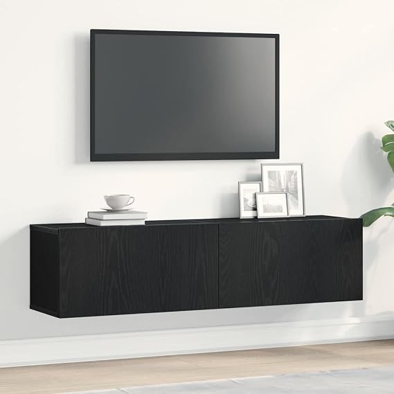 Floating TV Unit Stand, Wall Mounted Entertainment Center with 2 Shorage Cabinet Modern Hanging TV Media Console Hutch Component Under TV Shelf, 120x30cm, Black Oak