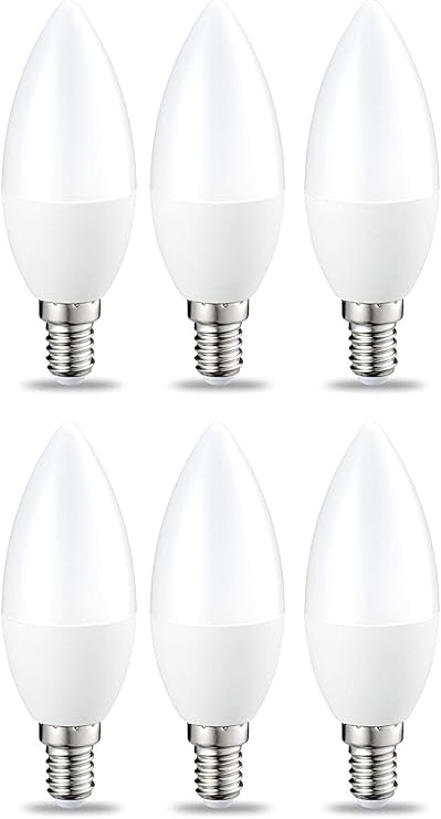 Amazon Basics LED E14 Small Edison Screw Candle Bulb, 5W (equivalent to 40W), Warm White, Dimmable- Pack of 6 [Energy Class F]