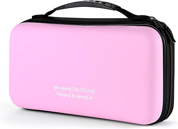 CD Bag 96 Capacity Hard EVA Blu-ray CD Wallet Double Zip Hand Strap Portable Disc Organiser DVD Case for Car Trips (96 Capacity Pink96)