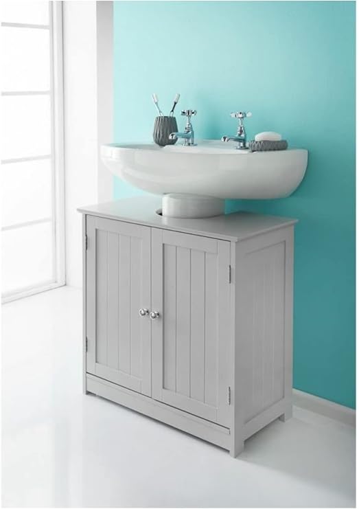 Under Sink Storage Bathroom Cabinets Free Standing Grey Wooden Furniture Sets Cupboard Unit With 2 Doors Floor Cabinet MDF Wood Grey Crisp Finish Large Space For Pedestal