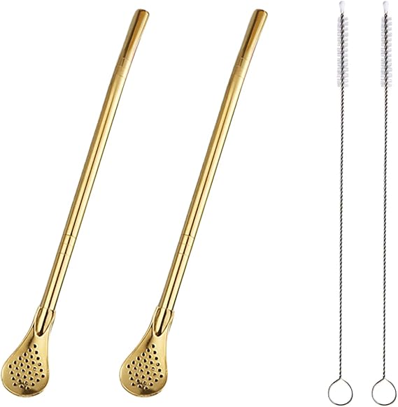 2 Pieces Stainless Steel Straw Spoon Filter with 2 Cleaning Brush, Reusable Tea Spoon for Loose Tea, Yerba Mate Straw, Metal Drinking Straws, Coffee Stirrers for Drinks Milk Beverage (Gold)