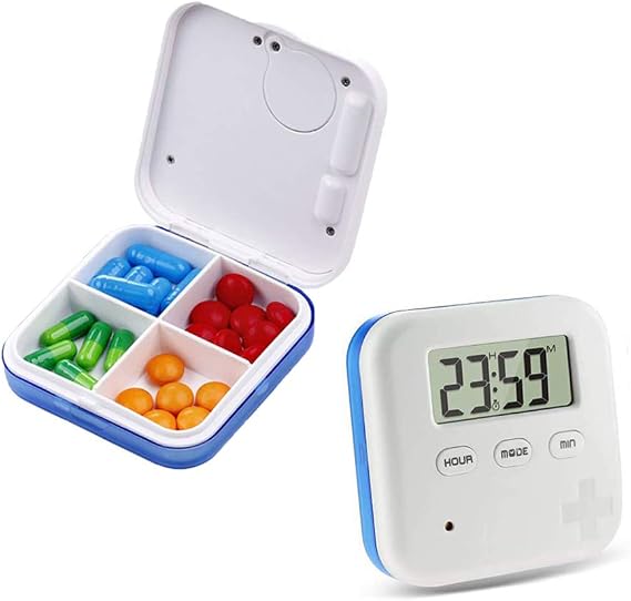 Automatic Pill Dispenser, Zeerkeer Electronic Pill Timer-Reminder-Dispenser 5 Times a Day Electronic Timing Portable Daily Drug Storage Box Drug Organizer Case with Reminder (Blue)