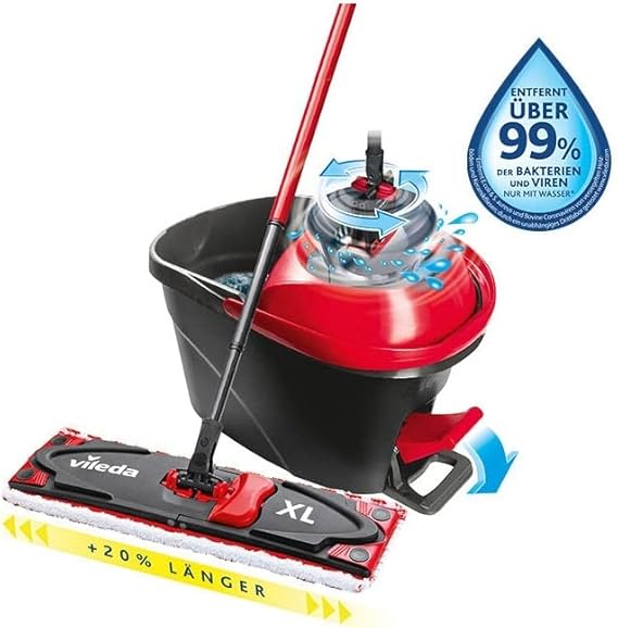 Vileda Ultramax XL Turbo 2-in-1 floor mop complete set, extra wide mop with handle, microfiber cover and bucket with power spinner, for all hard floors, wiper plate 42 cm, handle length 75-130 cm