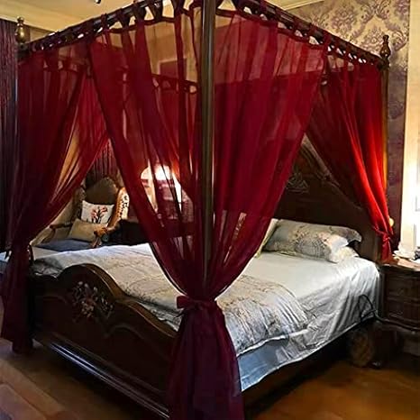 Red Romantic 4 Corner Post Luxury Bed Canopy Curtain Canopy Without Top Cover for Girls Women Adult Wedding Bedroom Kids Rooms Bed Decoration (Red Linen-Without Top Cover, Full)