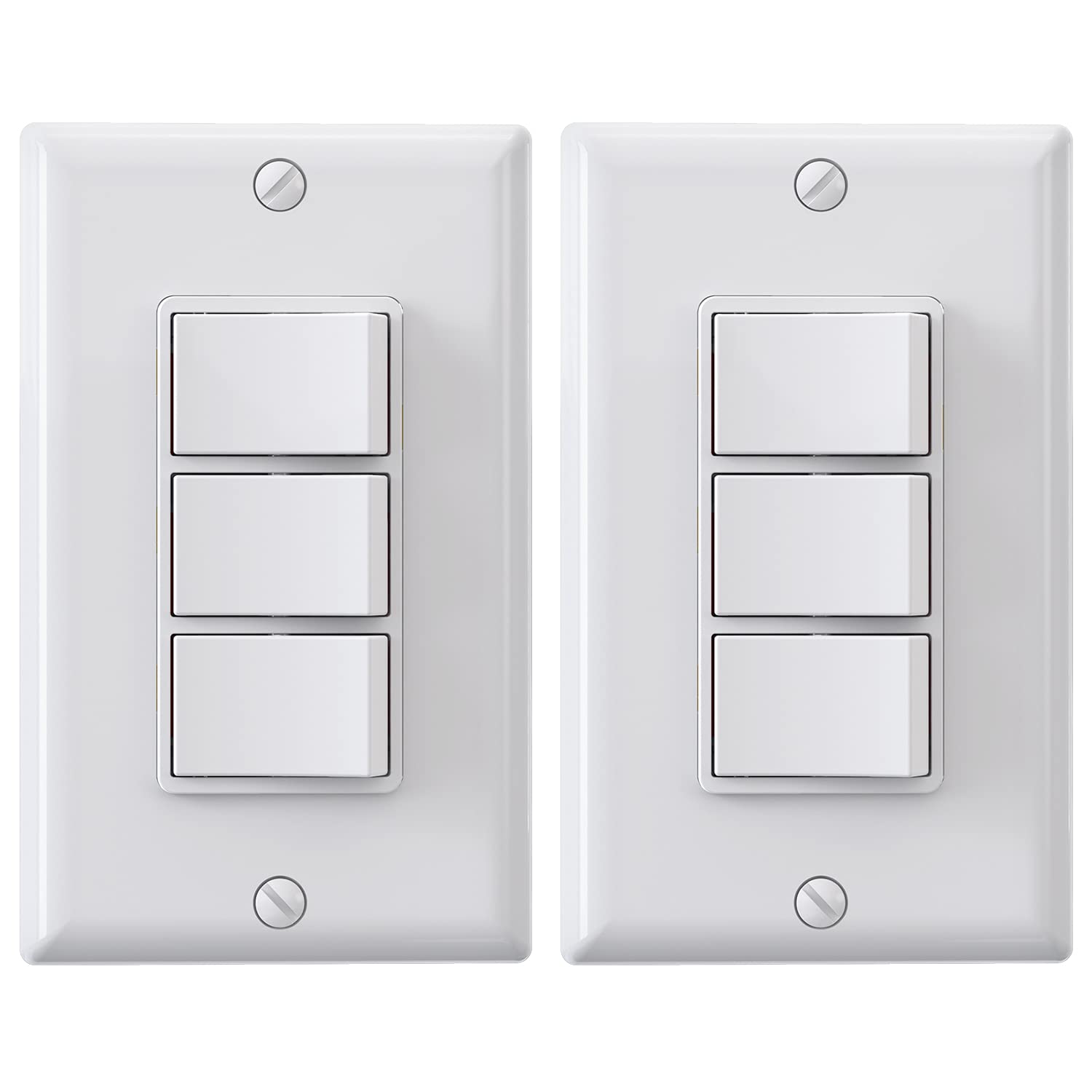 ELEGRP Decorator Triple Rocker Light Switch, Electrical Three Single Pole Paddle Switch, 15A, 125V, in-Wall OnOff Switch, Self-grounding, Wall Plate is Included, UL Listed 2 Pack, Glossy White