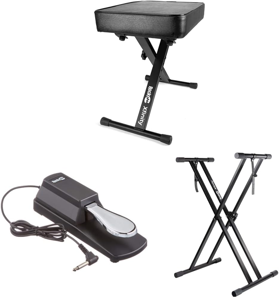 RockJam RJXX363 Xfinity Doublebraced Pre Assembled Highly Adjustable Keyboard Stand with Locking Straps  Adjustable Padded Keyboard Bench and Piano Stool  Sustain Pedal for Pianos and Keyboards