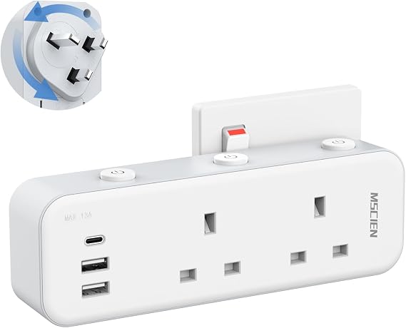 Mscien Multi Plug Extension Socket, UK Wall Socket Plug Extender with 315 Degree Rotating Design for Home, Office, Dorm (2 Way UK Sockets + 3 USB Ports(2 USB-A + 1 USB-C))