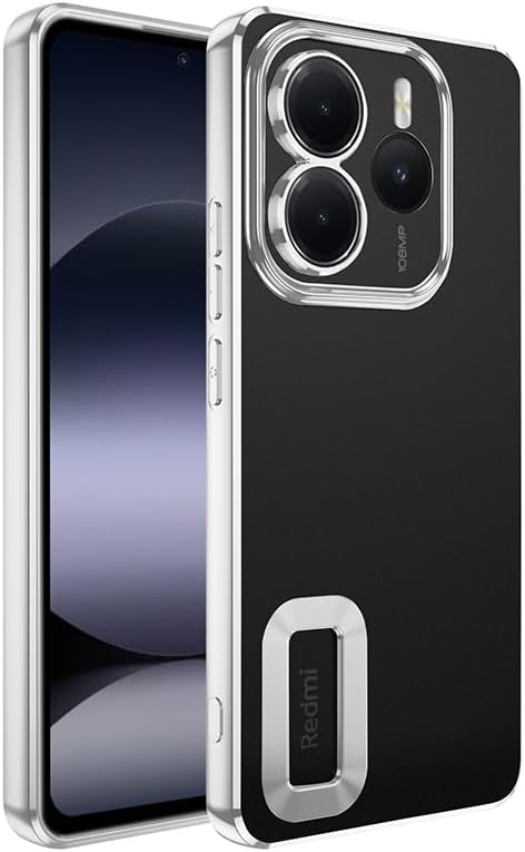 Coverzone Xiaomi Redmi Note 14 5G ile uyumlu Kılıf Kamera Korumalı Logo Gösteren Parlak renk kenar çizgileri ile şık bir tasarım Colored Z-Omega Kapak Gümüş