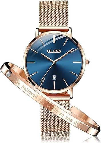 OLEVS Ladies Watches Rose Gold Mesh Strap Fashion Dress Quartz Waterproof Luminous Female Wrist Watches for Women Bracelet Sets