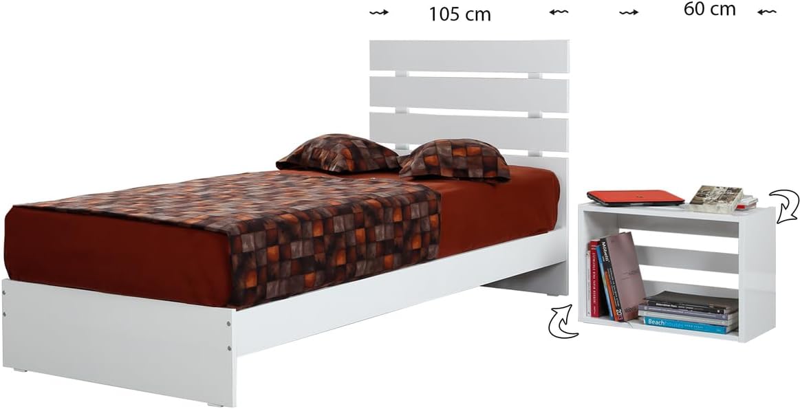 Huga Tek Kişilik Beyaz Ahşap Karyola Komodin Takım 100Lk/100X200 Başlık+ Karyola+ Komodin