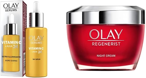 Olay Vitamin C + AHA24 Day Gel Serum With Vitamin C, AHA & Niacinamide For Bright And Even Skin Tone, 40ml & Regenerist Night Cream 50 ml