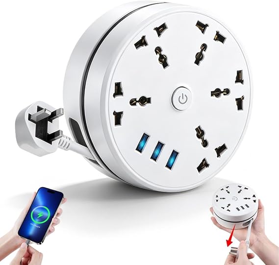 Extension Lead With USB Slots, 5-Outlet Surge Protector Power Strip with 3 USB Ports, 2.8m Safer Plug Extension Socket, 2500W 10a Muti Power Strip, Rollable Retractable Travel Extension Lead
