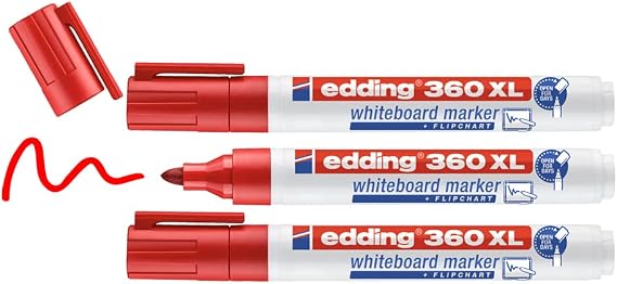 edding 360 XL beyaz yazı tahtası kalemi, kırmızı, 3'lü set, yeniden doldurulabilir