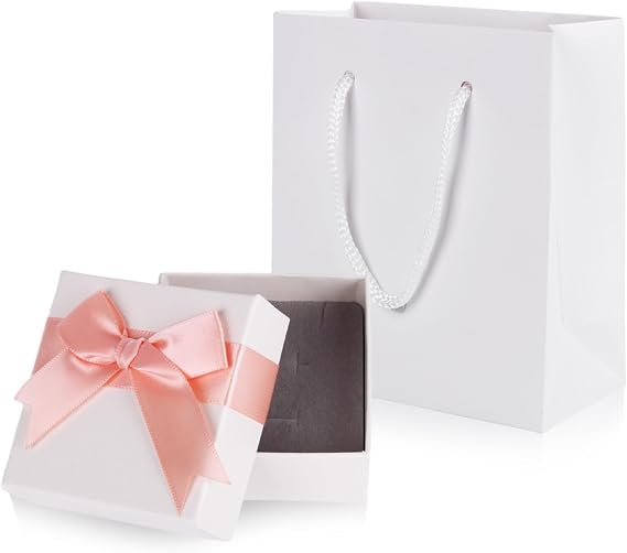 Small Gift Box and Gift Bag 7.5x7.5x3.5cm Kraft Jewellery Gift Box with Bow-Knot Pink Small Boxes for Gifts Bracelet Ring Earring Necklace Jewellery Gift Boxes with Lids for Presents (white pink)