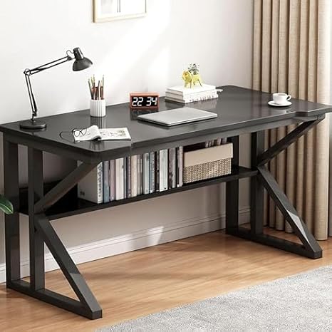 Executive Desk, Computer Desk with Bookshelf, Metal Frame Workstation for Home Office and Study, Ideal for Home and Office Use
