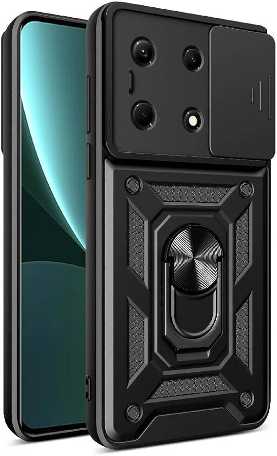 Aksesuarcim İnfinix Note 30 4G ile Uyumlu Kılıfı Silikon Stand Yüzüklü Araç Tutucu Mıknatıslı Darbe ve Kamera Korumalı Tank Sürgülü Kapak Siyah