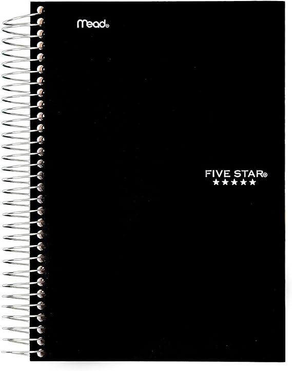 Five Star Spiral Notebook, 5 Subject, College Ruled Paper, 9-1/2" x 6", Black (73655)