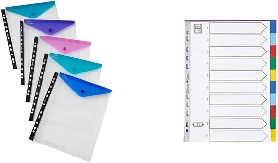 Snopake 15695 Polyfile A4 High Capacity Ring Binder Popper Wallet Portrait Classic Clear with Electra Assorted Colour Closures (Pack of 5) &Elba Strongline A4 plastic 10 part dividers, Assorted, 1 set