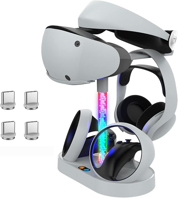 ディスプレイスタンド付きPS VR2コントローラー用充電ステーション PlayStation VR2ヘッドセットアクセサリーLED付き高速充電ドック 充電器ドック/VRヘッドセットホルダー/RGBライトPS VR2、ホワイト