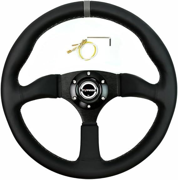 350mm/14 Universal Racing Steering Wheel Car Drifting Flat PU Material 6 Hole Mounting 3 Spoke with Horn Button for Simulation Driving and Motorsport