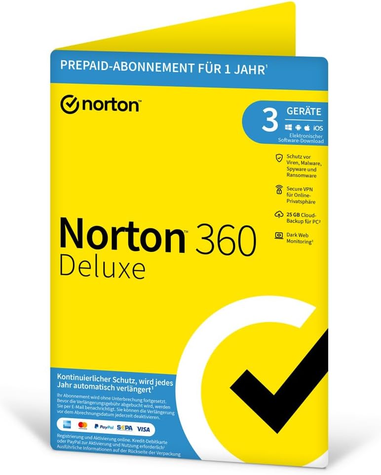 Norton 360 Deluxe 3 Geräte / 1 Jahr Antivirus Internet Security Secure VPN Passwort-Manager Firewall PC/Mac/Android/iOS Aktivierungscode per Post