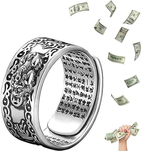 990 Silver Adjustable Feng-Shui Pi-Xiu MANI-Mantra Protection Wealth Ring, Pi-xiu Charms Ring Feng Shui Amulet Wealth Lucky Ring Buddhist Jewelry Gift