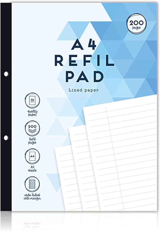 200 Pages Refill Pad A4 Lined Paper Wide Ruled Margin Notes Book