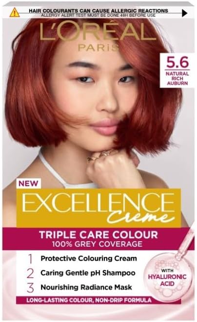 L'Oréal Paris Excellence Crème Permanent Hair Dye, Radiant At-Home Hair Colour with up to 100% Grey Coverage, Pro-Keratin, Up to 8 Weeks of Colour, Colour: 5.6 Natural Rich Auburn