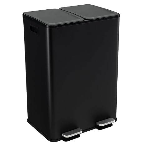 COSTWAY 60L Double Rubbish Bin, 2x30L Stainless Steel Recycle Pedal Kitchen Bin with Removable Buckets, Deodorizer Box, Soft Closure Flat Lid & 2 Handles, Airtight Waste Separation System (Black)
