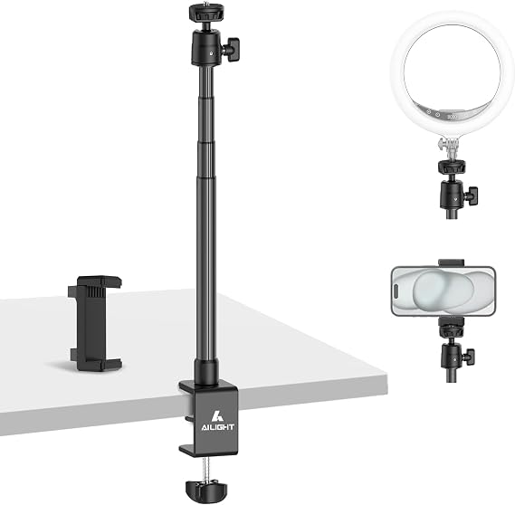 Ailight Camera Desk Mount Webcam Stand with Cell Phone Holder Adjustable Table Camera Stand Overhead Tripod Webcam Mount with 1/4" Screw & C Clamp for Logitech Obsbot insta360 Anker, etc