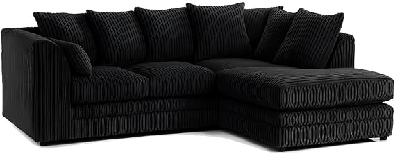Modular L Shaped Corner Sofa | Jumbo Cord Cloud Sofa | Right or Left Hand Facing 3–4 Seater | Boneless Comfy Fabric Settee | UK Lounge Couch (Black, Right Hand)