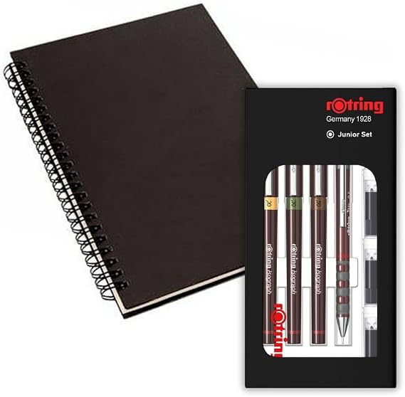 rOtring Isograph S0699320 Junior Set 3x Technical Pens | 0.20mm, 0.30mm, 0.50mm Fineliner Pens + Accessories with Notebook