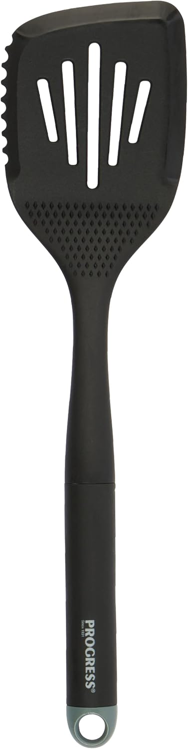 Progress BW09568GEU7 Slotted Spatula - Heat Resistant Cooking Turner, Integrated Garlic Rub, Non-Stick, Multifunctional Nylon Serving Kitchen Utensil, Green Storage Hanging Hook, Shimmer Collection