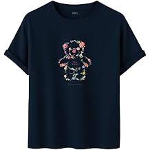 DAKSEL Unisex Pamuklu Oversize T-Shirt - Floral Bloom Wildly Çiçekli Ayıcık Baskılı -%100 Pamuk Bisiklet Yaka Kısa Kollu Tişört
