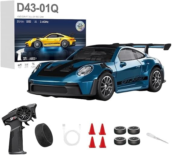 1:43 Scale RC Drift Car D43-02 2.4GHz Full Proportional 4WD Alloy Racing Car with Gyro, 20KM/H High Speed Adjustable Speed with Silent Bearings & LED Lighting