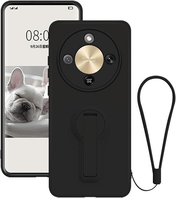 スタンド付きHonor Magic 8 Liteケース、フルカメラレンズ保護スリムケース、Honor Magic 8 Lite用シリコンフォンケース、リストストラップストラップ付きブラック