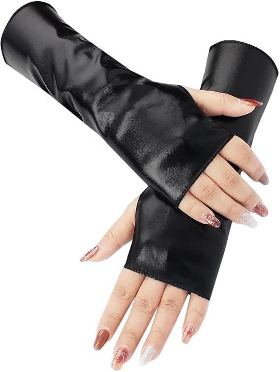 Black Half Palm PU Leather Gloves Short Shiny Metallic Fingerless Mittens Gothic Punk Rock Stage Stretchy Dress Up Arm Warmer Gloves for Women Girls