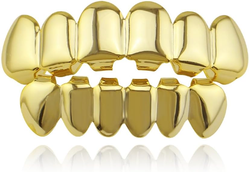 Qiwenr Grill Teeth, Rapper Braces, Hip Hop Teeth, Hip Hop Grillz Teeth, Grillz Teeth, Hip Hop Teeth Grills for Mouth Top Bottom for Music Festival Parties, Hip Hop Rappers, Decorations gold