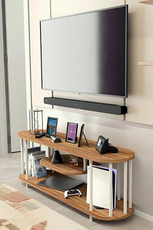 Modern TV Ünitesi Ahşap Raflı 2 Katlı Televizyon Sehpası Minimalist,Dayanıklı, TV Standı Beyaz Demir Atlantik Çam
