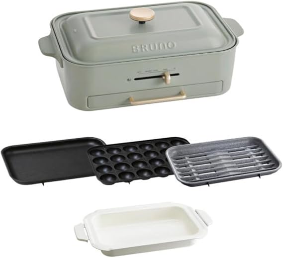 Bruno BOE109-GR Compact Grill Hot Plate, Main Unit, 4 Types of Plates Smoke-Reducing, Grill, Takoyaki, Deep Pot, Flat, Green, Stylish, Cute, 1 Unit, Lid Included, 1200 W, Temperature Adjustment