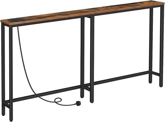 HOOBRO Narrow Console Table with Charging Station, 160 cm Behind Sofa Couch Table, Long Hallway Table, Slim Console Table for Hallway, Entryway, Living Room, Rustic Brown and Black EBF165KXG01