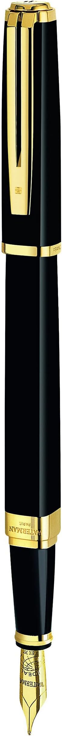 Waterman Exception Fountain Pen | Slim Black with 23k Gold Clip | Fine Nib with Blue Ink Cartridge | Gift Box