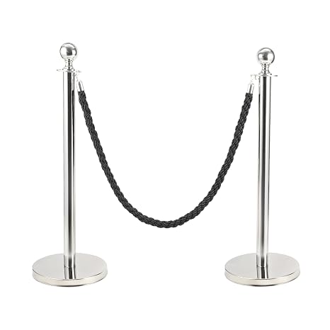 2-Pack Stainless Steel Queue Barrier Posts with 1.5M Ropes Heavy Duty Crowd Control Stanchions with Weighted Bases for Events Airports Hotels (Silver Black)