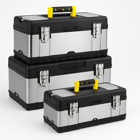 CROWNSHOP Tool Box Set 14 17 19 Inch Metal Storage Cases Removable Trays