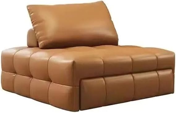 Modern Pull Out Lazy Sofa, Extendable Lounge Chair, Convertible Sleeper Sofa with Pillow, 3 in 1 Convertible Floor Sofa, Bed Sleeper for Living Room,Bedroom,Apartment,Small Space,Brown Leather